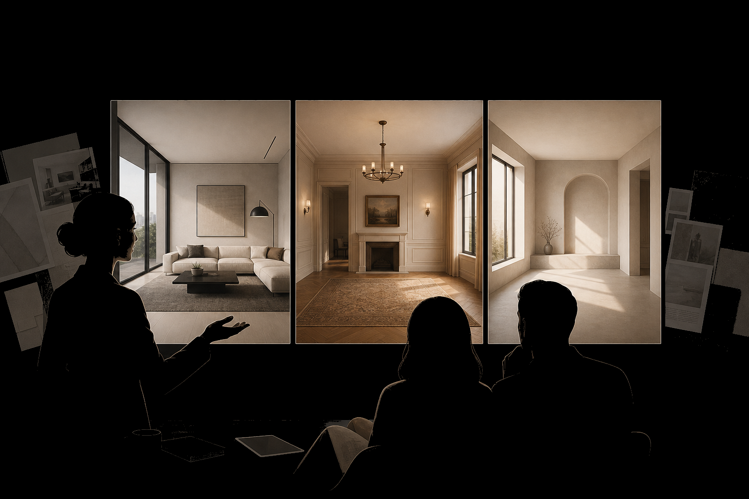 Three style options for the same room shown side by side for client review