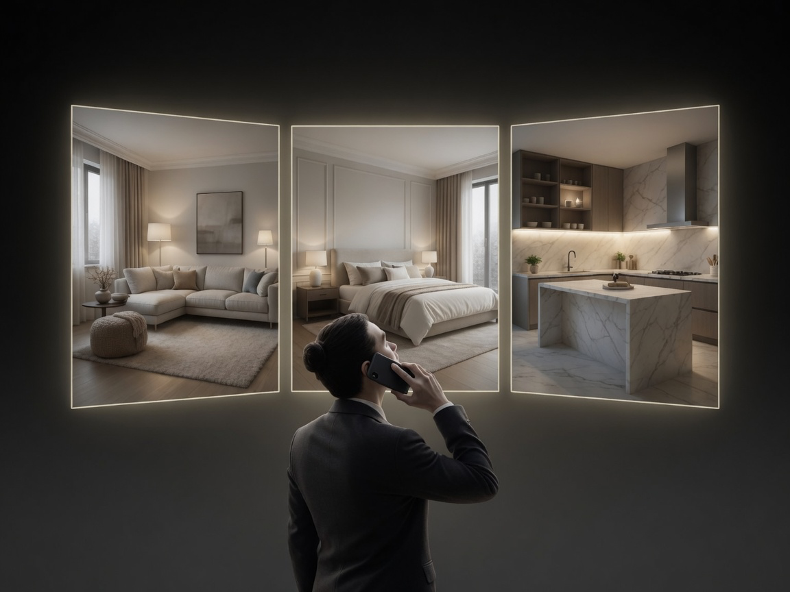 Person calling after seeing warm staged living room, bedroom, and kitchen photos