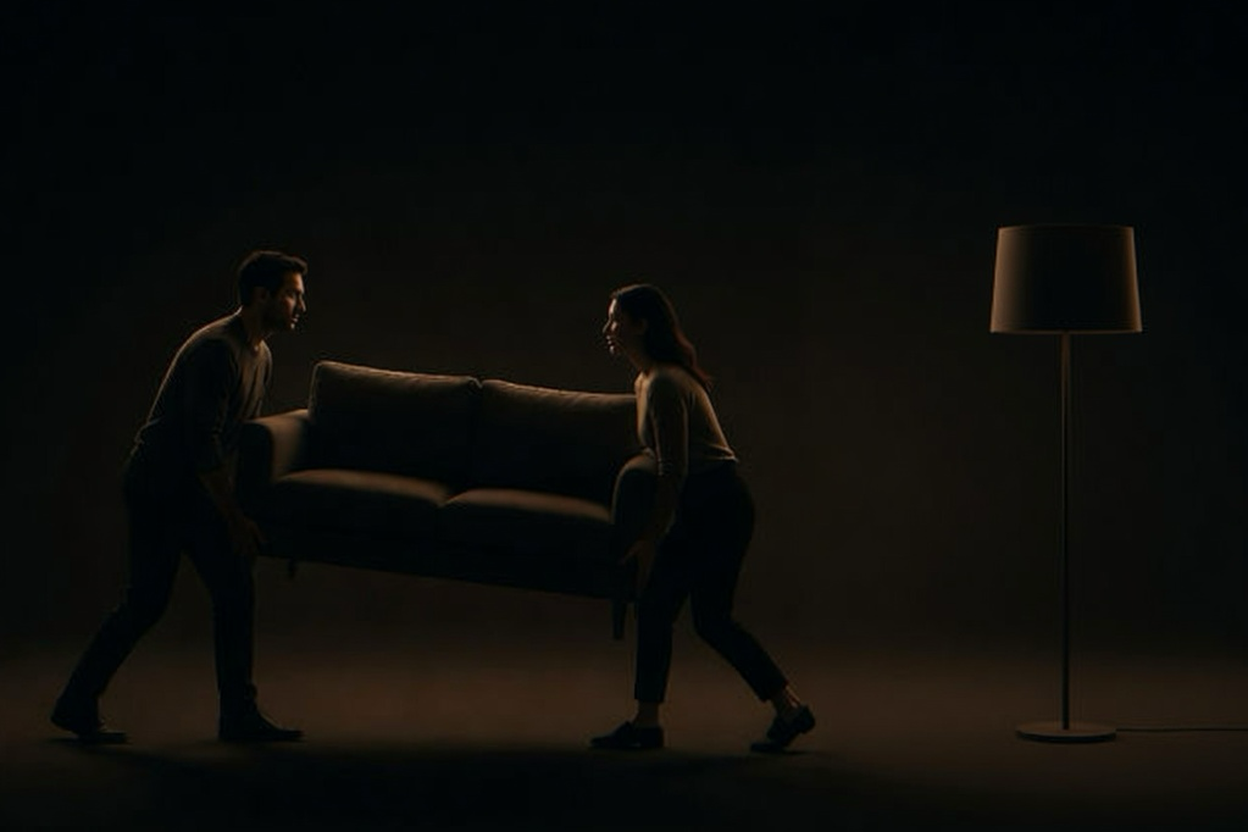 Two people straining to carry a heavy sofa for physical staging