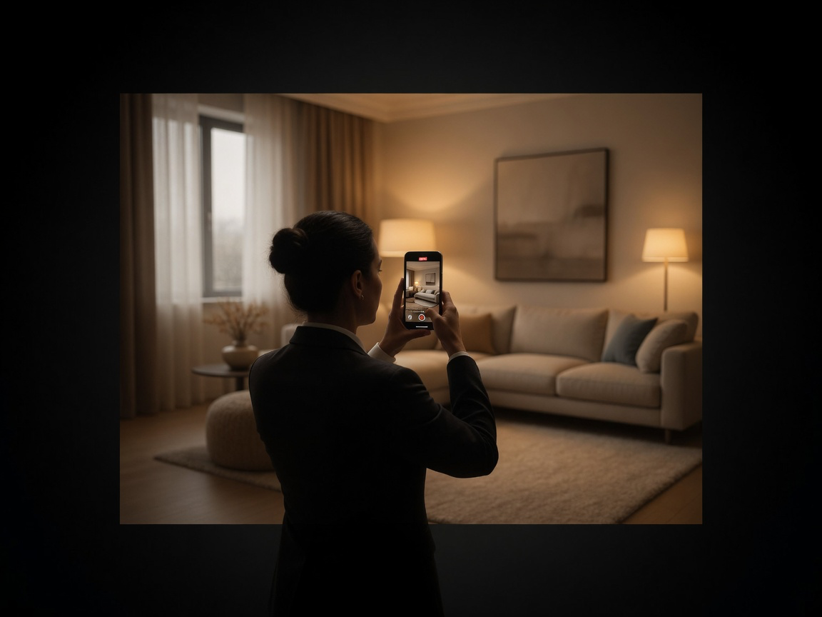 Person filming a walkthrough video of a staged living room on their phone